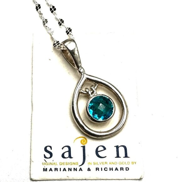 SAJEN Blue Facteted Gemstone Pendant Sterling Silver 16 Inch Chain Necklace